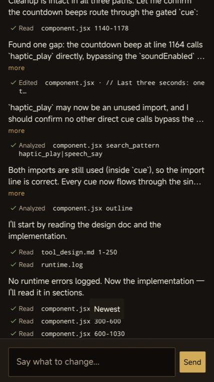 A build in progress inside InOne, showing each agent step and a text field reading “Say what to change...”.