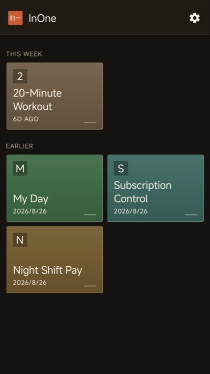 InOne home screen showing a collection of personal tools: 20-Minute Workout, My Day, Subscription Control, and Night Shift Pay.