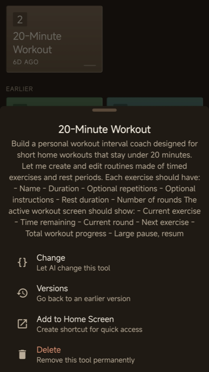 InOne tool sheet for “20-Minute Workout” with Change, Versions, Add to Home Screen, and Delete actions.